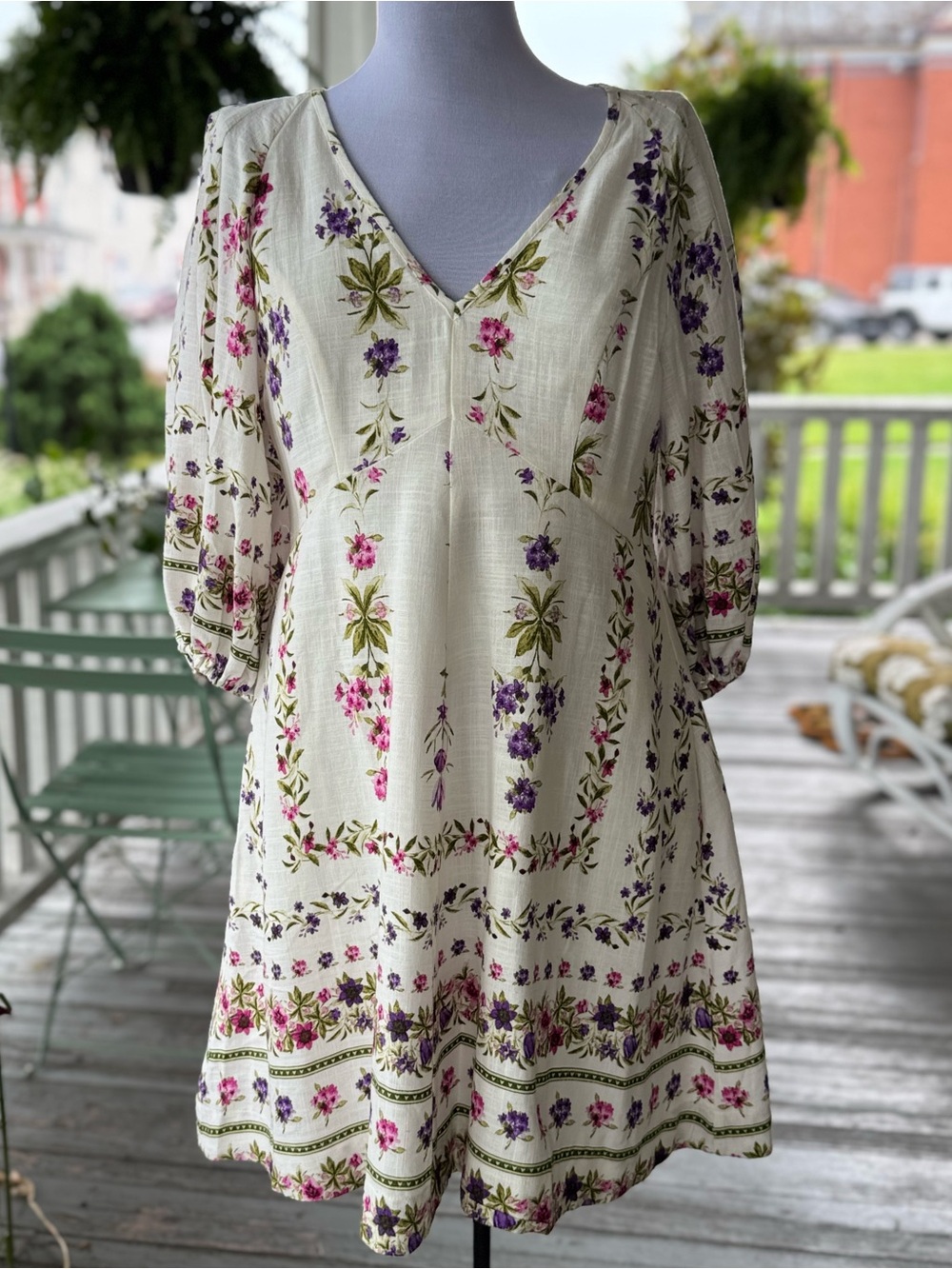 CeCe Cream Floral Puff‑Sleeve Dress Pink Purple Accents Linen Blend Sz S